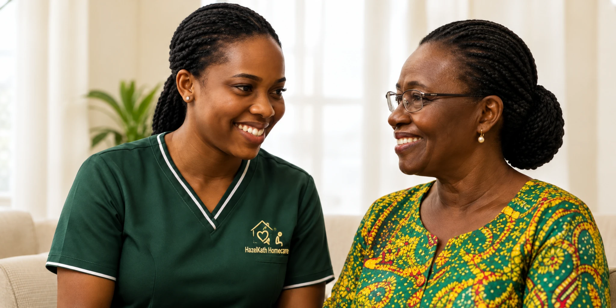 A caregiver and an older woman enjoying a conversation