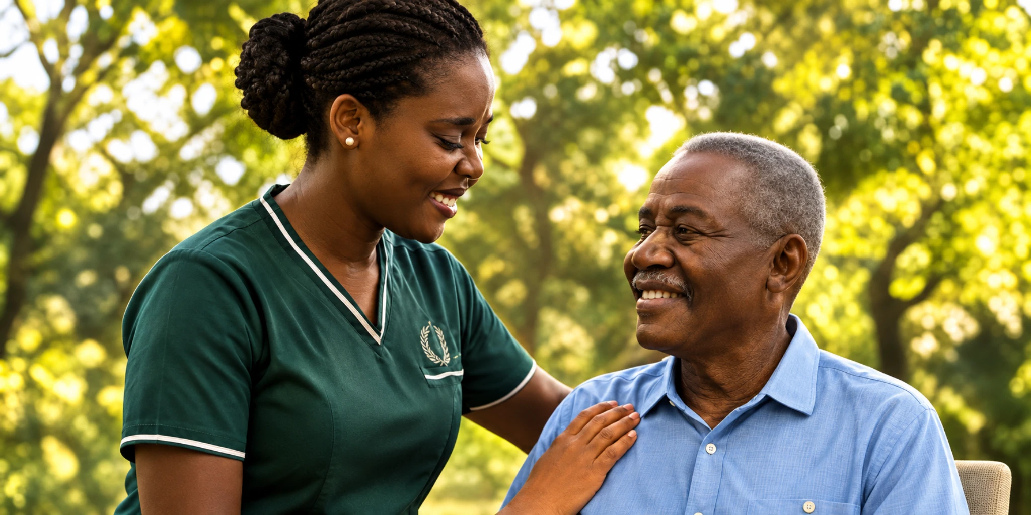 A caregiver spending time with an older man in a garden