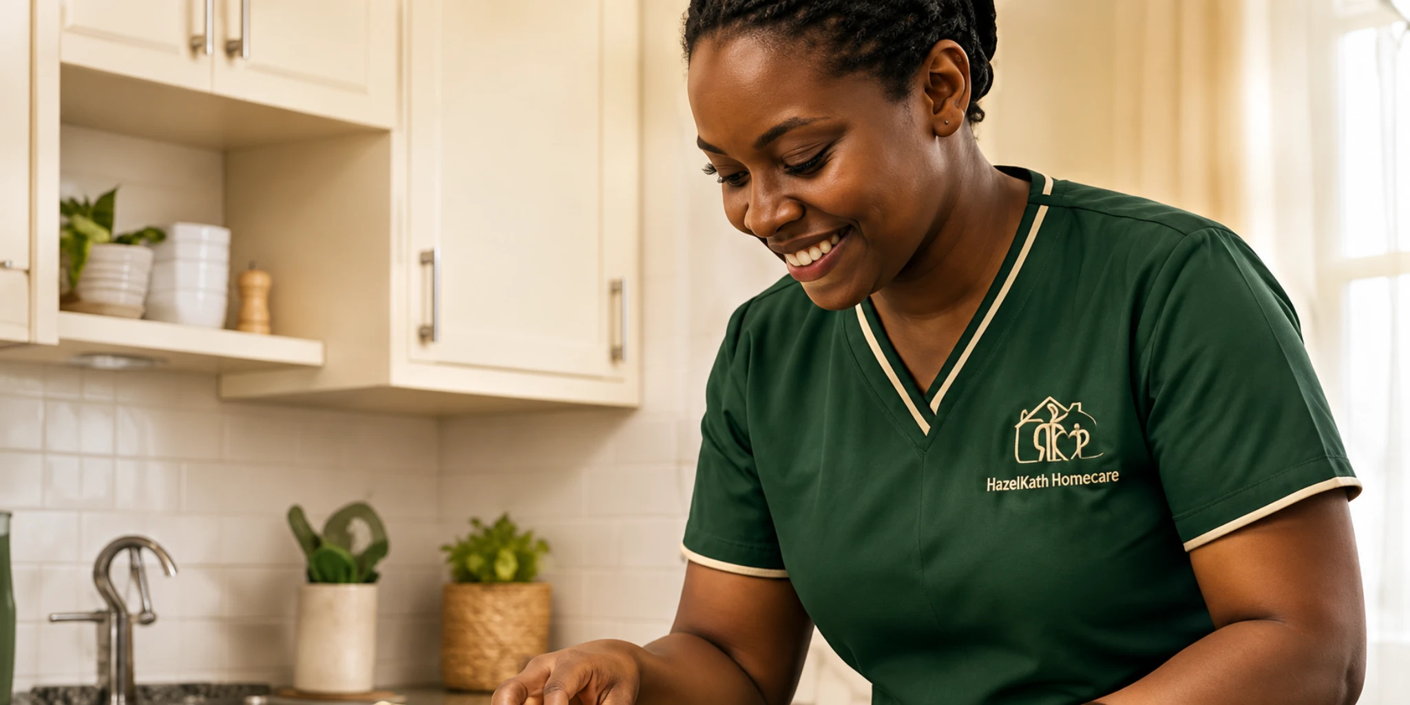 A caregiver preparing food in a home kitchen