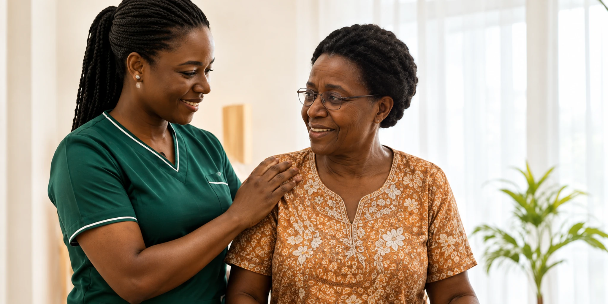 A caregiver supporting an older woman at home
