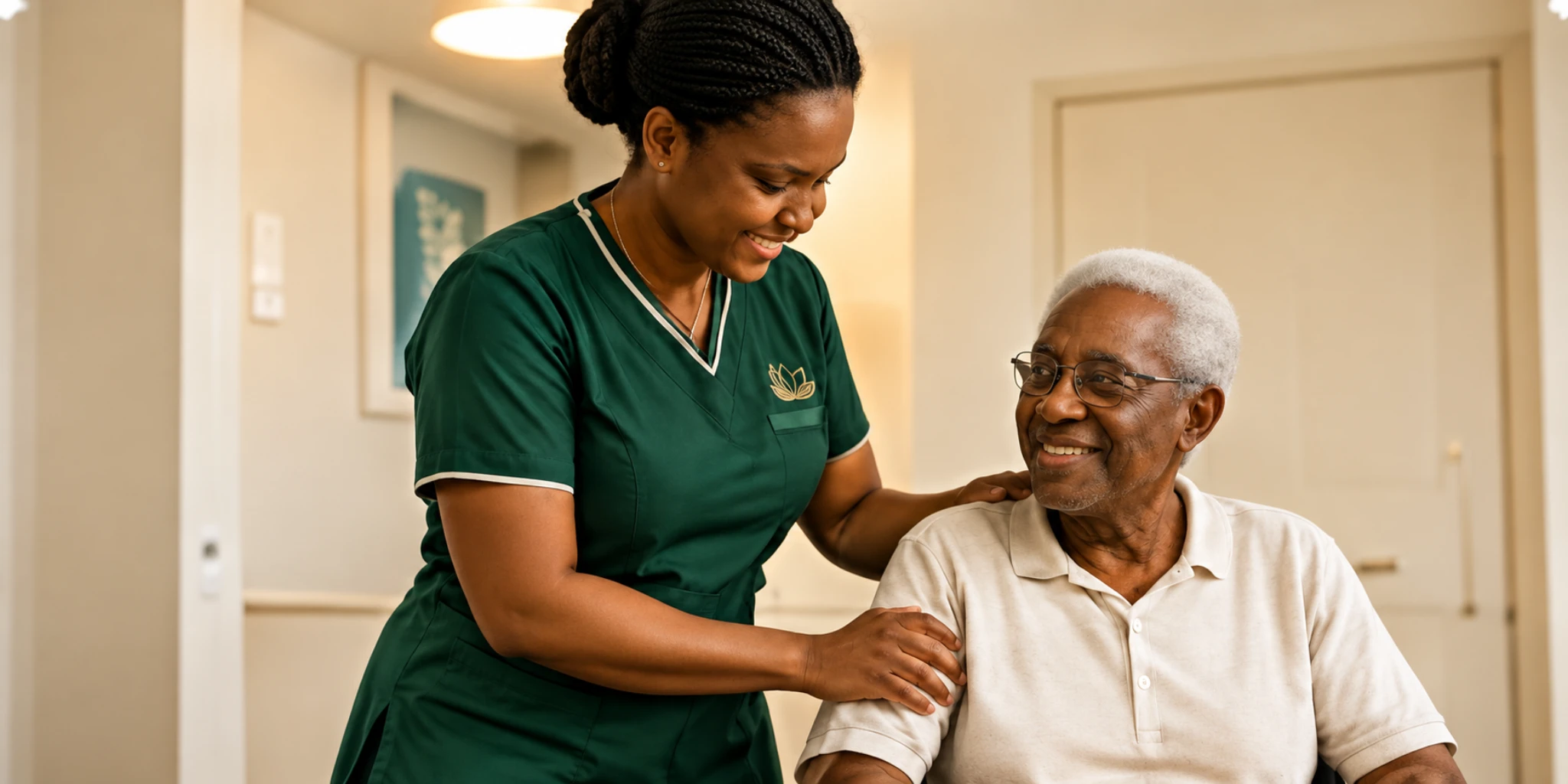 A caregiver supporting an older man during a home visit
